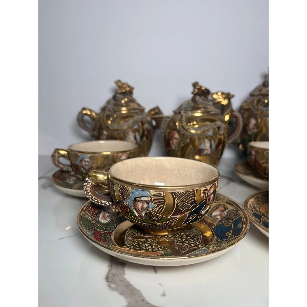 Vintage Japanese Satsuma Moriage Dragon Tea Set‎ Hand Painted Gold Gilt 11pc